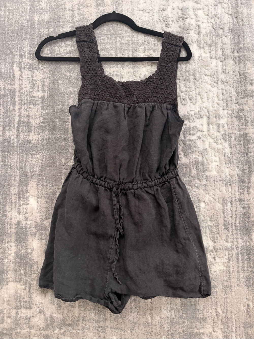 Aritzia Crocheted Yoke Linen Blend Romper in Charcoal Gray